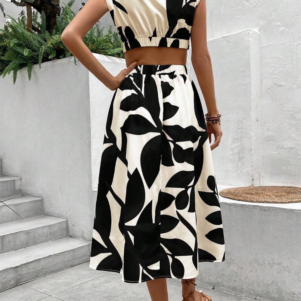 Black & White Boho Womens Leaf Print Cut Out Waist Dress - Picture 2 of 5